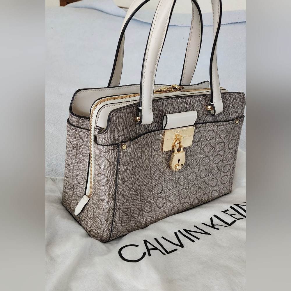 Calvin Klein Monogrammed Satchel in Gray and Cream
